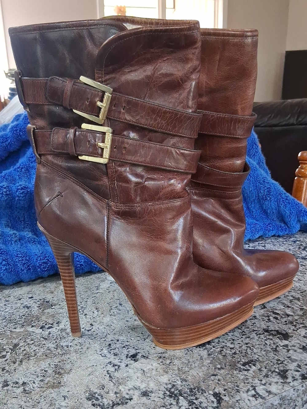 Women's Micheal Kors Brown Leather High-Heel Ankle Boots with Buckle Detail